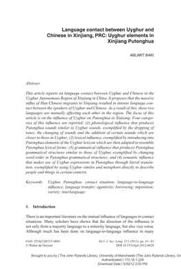 Language Contact Between Uyghur and Chinese in Xinjiang, PRC: Uyghur Elements in Xinjiang Putonghua