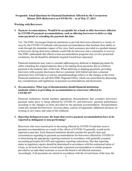 Frequently Asked Questions for Financial Institutions Affected by the Coronavirus Disease 2019 (Referred to As COVID-19) – As of May 27, 2021