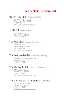 The River Club Reciprocal List Queen City Club, Cincinnati, Ohio The
