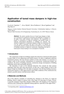 Application of Tuned Mass Dampers in High-Rise Construction