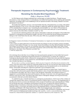 Therapeutic Impasses in Contemporary Psychoanalytic Treatment: Revisiting the Double Bind Hypothesis Philip A