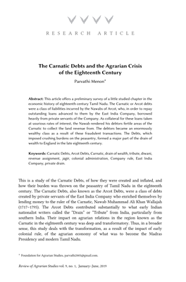 The Carnatic Debts and the Agrarian Crisis of the Eighteenth Century Parvathi Menon*