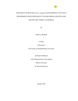 Dam Removal on Total Phosphorus Concentration in Taylor Creek and Wetland, South Lake Tahoe, California