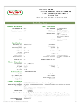 HORMEL VITAL CUISINE 206 Nutritional Juice Drink - Orange 50/6