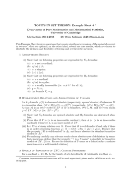 TOPICS in SET THEORY: Example Sheet