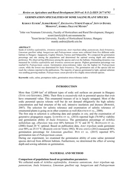 Review on Agriculture and Rural Development 2019 Vol. 8 (1-2) ISSN 2677-0792 GERMINATION SPECIALITIES of SOME SALINE PLANT SPECIES