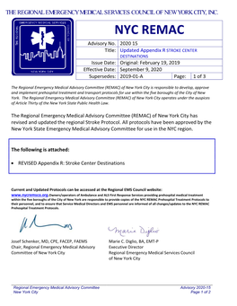 Appendix R STROKE CENTER DESTINATIONS Issue Date: Original: February 19, 2019 Effective Date: September 9, 2020 Supersedes: 2019-01-A Page: 1 of 3