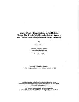 Water Quality Investigations in the Historic Mining District of Chloride and Adjacent Areas in the Cerbat Mountains (Mohave County, Arizona)