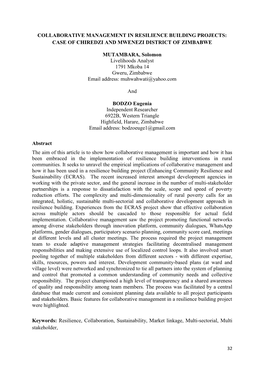 COLLABORATIVE MANAGEMENT in RESILIENCE BUILDING PROJECTS: CASE of CHIREDZI and MWENEZI DISTRICT of ZIMBABWE MUTAMBARA, Solomon