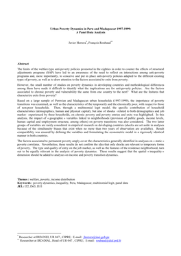 Urban Poverty Dynamics in Peru and Madagascar 1997-1999: a Panel Data Analysis Javier Herrera*, François Roubaud** Abstract