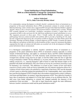 From Satisfaction to Penal Substitution: Debt As a Determinative Concept for Atonement Theology in Anselm and Charles Hodge