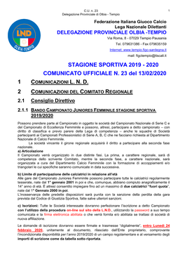 2020 COMUNICATO UFFICIALE N. 23 Del 13/02/2020 1 COMUNICAZIONI L