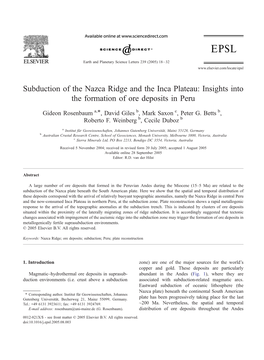 Subduction of the Nazca Ridge and the Inca Plateau: Insights Into the Formation of Ore Deposits in Peru