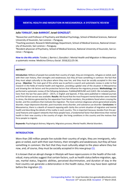 MENTAL HEALTH and MIGRATION in MESOAMERICA: a SYSTEMATIC REVIEW Julio TORALES1, Iván BARRIOS2, Israel GONZÁLEZ3. INTRODUCTIO