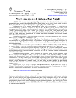 Msgr. Sis Appointed Bishop of San Angelo AUSTIN – We Announce to You a Great Joy: Msgr