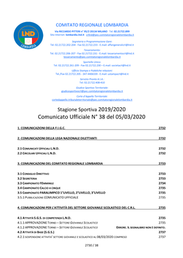 Comunicato Ufficiale N° 38 Del 05/03/2020