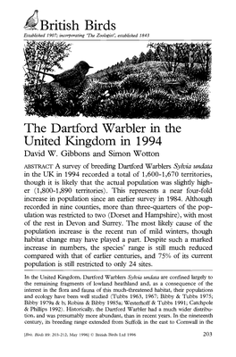 British Birds the Dartford Warbler in the United Kingdom in 1994