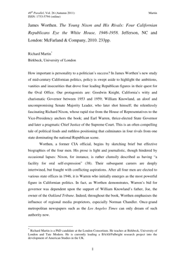 James Worthen. the Young Nixon and His Rivals: Four Californian Republicans Eye the White House, 1946-1958
