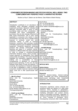 Consumer Decision-Making and Psycho-Social Well-Being: Two Complementary Perspectives? a Narrative Review