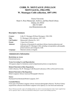 COBB, W. MONTAGUE (WILLIAM MONTAGUE), 1904-1990. W. Montague Cobb Collection, 1897-1991