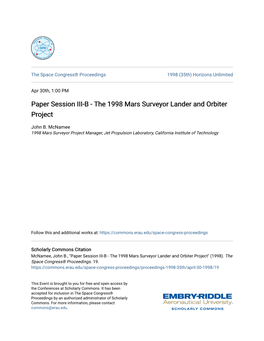 Paper Session III-B - the 1998 Mars Surveyor Lander and Orbiter Project