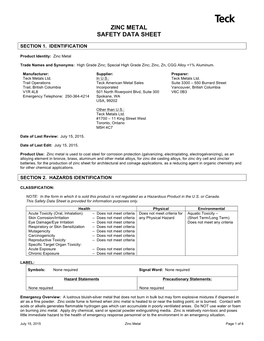 Zinc Metal Safety Data Sheet