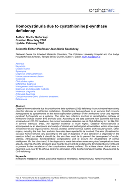 Homocystinuria Due to Cystathionine Β-Synthase Deficiency