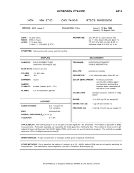 Hydrogen Cyanide 6010 Hcn Mw: 27.03 Cas: 74-90-8 Rtecs