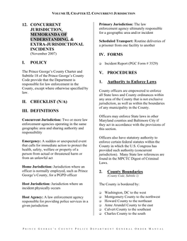 12. Concurrent Jurisdiction, Memoranda of Understanding, & Extra-Jurisdictional Incidents I. Policy Ii. Checklist