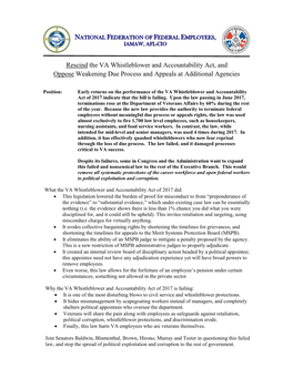 Rescind the VA Whistleblower and Accountability Act, and Oppose Weakening Due Process and Appeals at Additional Agencies