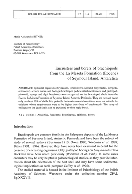 Encrusters and Borers of Brachiopods from the La Meseta Formation (Eocene) of Seymour Island, Antarctica