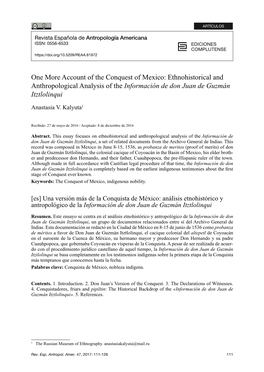 Оne More Account of the Conquest of Mexico: Ethnohistorical and Anthropological Analysis of the Información De Don Juan De Guzmán Itztlolinqui