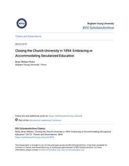 Closing the Church University in 1894: Embracing Or Accommodating Secularized Education