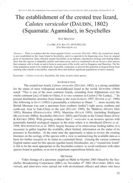 The Establishment of the Crested Tree Lizard, Calotes Versicolor (DAUDIN, 1802) (Squamata: Agamidae), in Seychelles