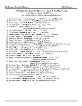 NBA Mock Draft Draft Day — June 26, 2003 (By 11 A.M.) Note: the Mock Draft Does Not Include Any Trades Which Are Expected to Occur