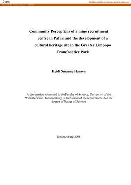 Community Perceptions of a Mine Recruitment Centre in Pafuri and the Development of a Cultural Heritage Site in the Greater Limpopo Transfrontier Park