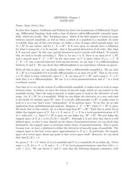 MIDTERM: Chapter 1 MATH 221C Name: Jiajie (Jerry) Luo in Their ﬁrst Chapter, Guillemin and Pollack Lay Down the Foundations of Diﬀerential Topol- Ogy