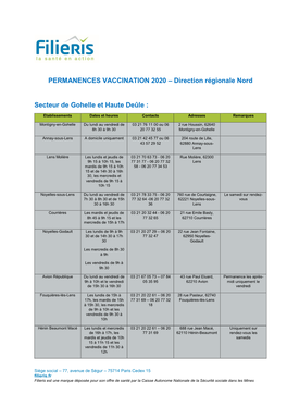 PERMANENCES VACCINATION 2020 – Direction Régionale Nord