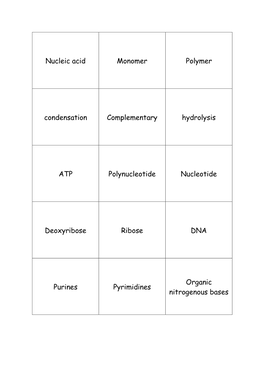 Nucleic Acid Monomer Polymer Condensation Complementary Hydrolysis ATP Polynucleotide Nucleotide Deoxyribose Ribose DNA Purines