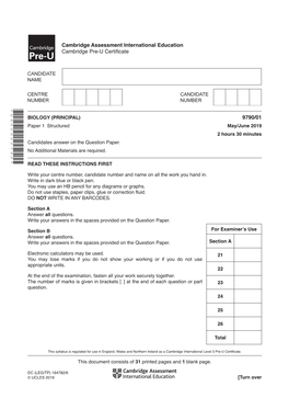 Paper 1 Structured May/June 2019 2 Hours 30 Minutes Candidates Answer on the Question Paper