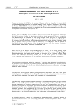 Commission Notice Pursuant to Article 18A(3)(A) of Directive 2003/87/EC Preliminary List of Aircraft Operators and Their Administering Member States