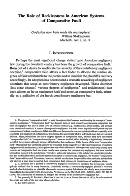 Role of Recklessness in American Systems of Comparative Fault