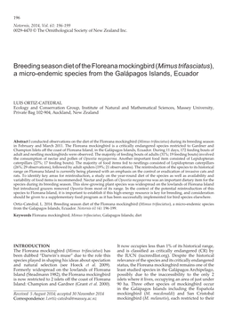 Breeding Season Diet of the Floreana Mockingbird (Mimus Trifasciatus), a Micro-Endemic Species from the Galápagos Islands, Ecuador