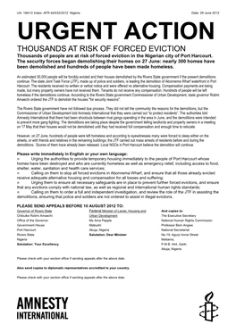 THOUSANDS at RISK of FORCED EVICTION Thousands of People Are at Risk of Forced Eviction in the Nigerian City of Port Harcourt