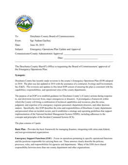 To: Deschutes County Board of Commissioners From: Sgt. Nathan Garibay Date: June 30, 2015 Subject: Emergency Operations Plan