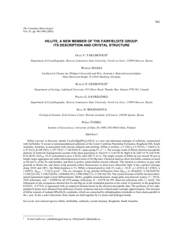 Hillite, a New Member of the Fairfieldite Group: Its Description and Crystal Structure