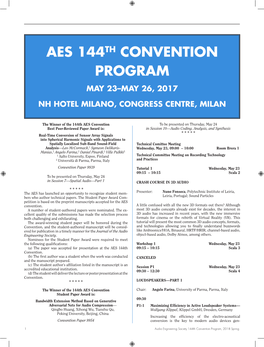 Convention Program, 2018 Spring Erating the Required Sound Output with Minimum 4Th Order Bandpass Enclosure Design for a Subwoofer to Size, Weight, Cost, and Energy
