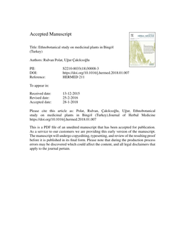 Ethnobotanical Study on Medicinal Plants in Bingöl (Turkey) Rıdvan Polat, Uğur Çakılcıoğlu First Author: Rıdvan Polat, Phd