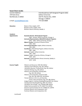 Susan Dean Jacobs Current Address: Interdisciplinary Self-Designed Program (ISD) 379 Park Drive Depaul University Northbrook, IL 60062 2327 N