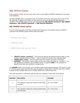 SQL Where Clause